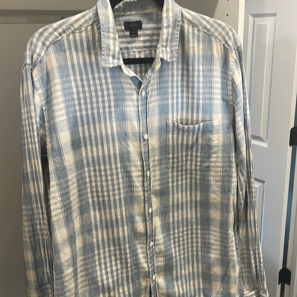 J Crew blue and white linen button down dress shirt